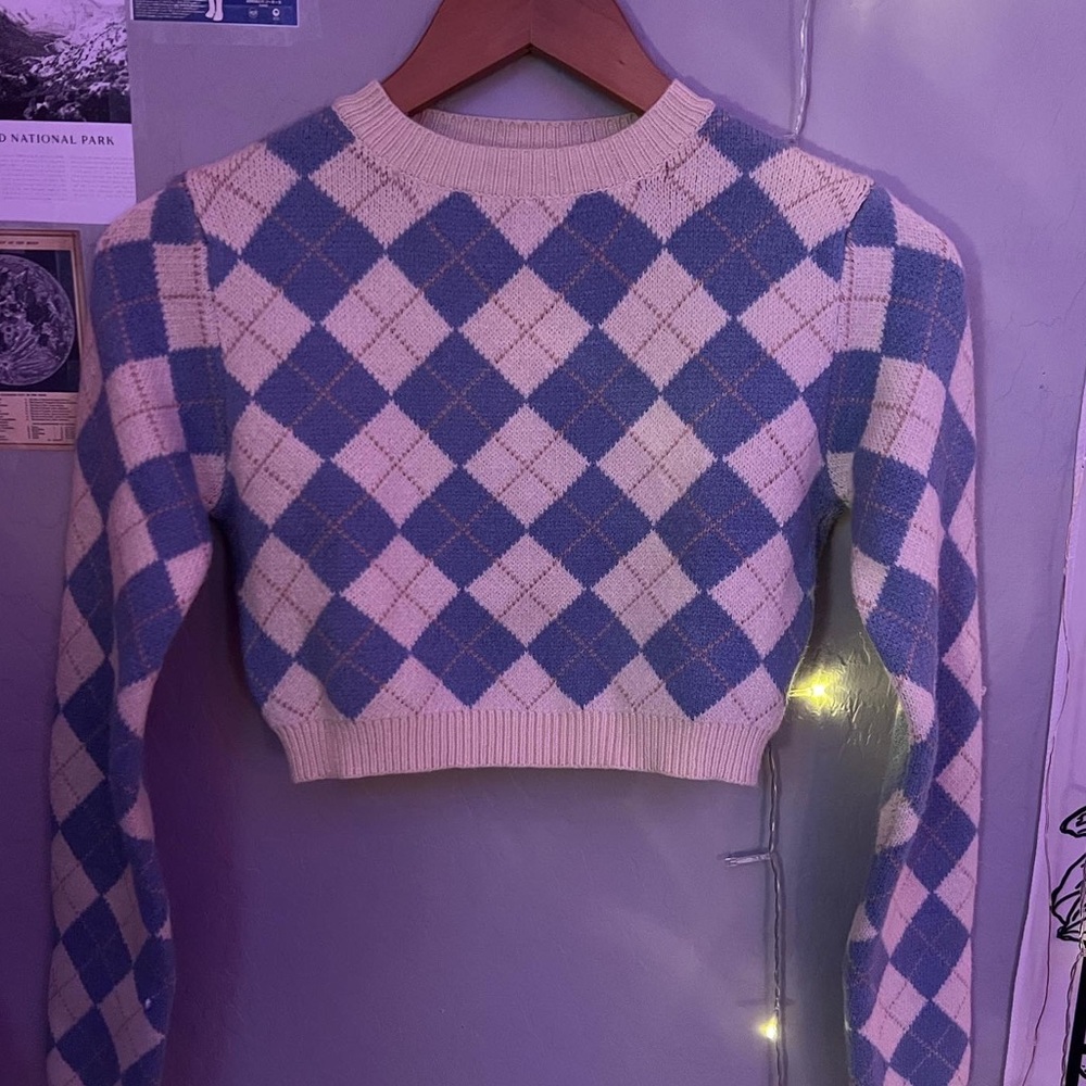 Adika blue and cream checkered cropped sweater